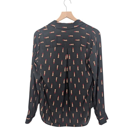 L'AGENCE | Holly Lipstick Print Long Sleeve Button Front Blouse | Small | Black - Picture 4 of 11